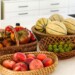 Fruits and vegetables in baskets on the counter